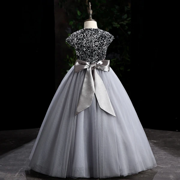 Chic / Beautiful Grey Sequins Prom Flower Girl Dresses 2022 Ball Gown Scoop Neck Sleeveless Sash Bow Floor-Length / Long Flower Girl Dresses