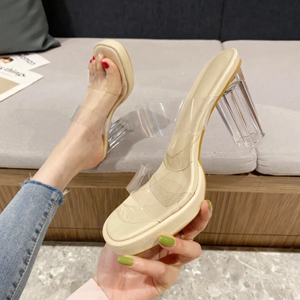 Summer Transparent Beige Street Wear Crystal Womens Sandals 2022 9 cm Thick Heels Open / Peep Toe Sandals High Heels