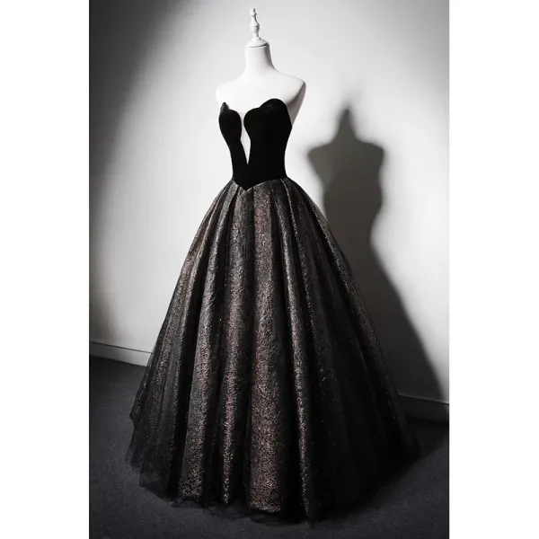 Vintage / Retro Black Glitter Prom Dresses 2023 Ball Gown Strapless Sleeveless Backless Floor-Length / Long Prom Formal Dresses