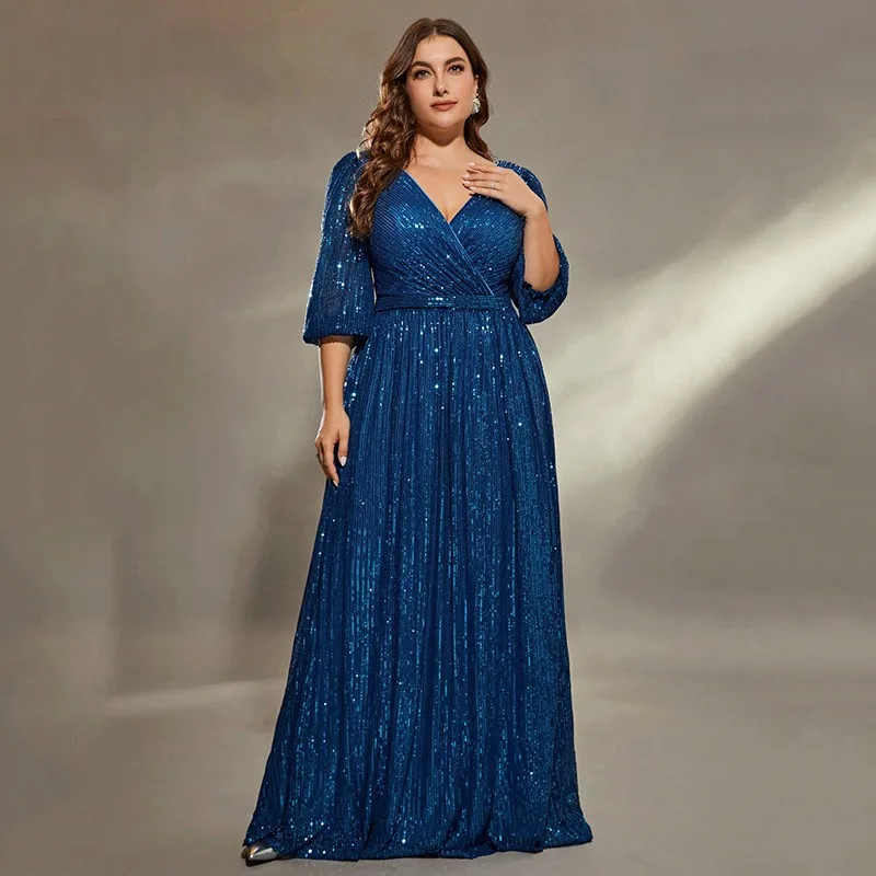 Sparkly Navy Blue Sequins Plus Size Evening Dresses 2025 A Line Princess V  Neck 3 4 Sleeve Floor Length Long Evening Party Formal Dresses