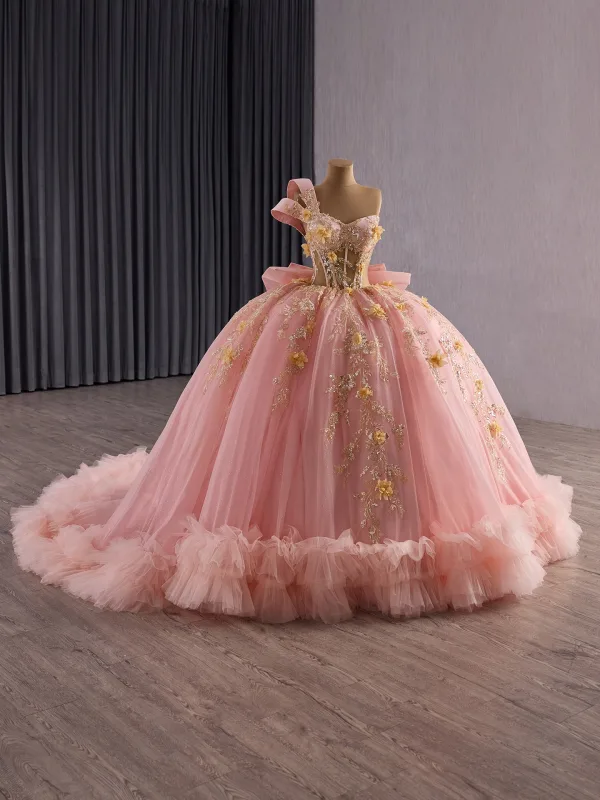 Luxury / Gorgeous Flower Fairy Blushing Pink Beading Appliques Sequins Prom Dresses 2025 Ball Gown One-Shoulder Sleeveless Backless Bow Court Train Formal Dresses