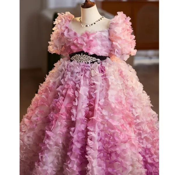 Flower Fairy Candy Pink Appliques Rhinestone Birthday Flower Girl Dresses 2025 Ball Gown Square Neckline Short Sleeve Backless Floor-Length / Long