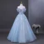 Charmant Bleu Ciel Perlage Paillettes Appliques Robe De Bal 2025 Robe Boule De l'épaule Manches Courtes Dos Nu Longue Robe De Ceremonie