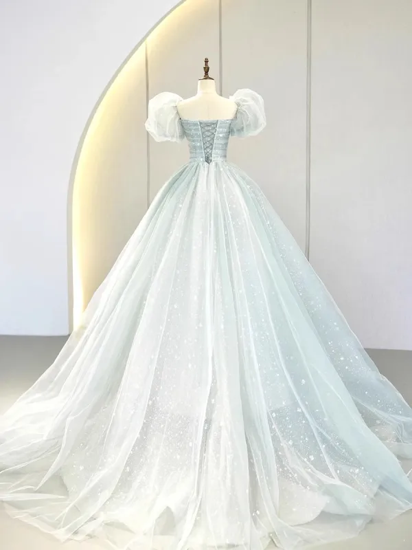Charmant Himmelblau Pailletten Ballkleider 2023 Ballkleid Eckiger Ausschnitt Kurze Ärmel Geschwollenes Rückenfreies Hof-Schleppe Ball Festliche Kleider