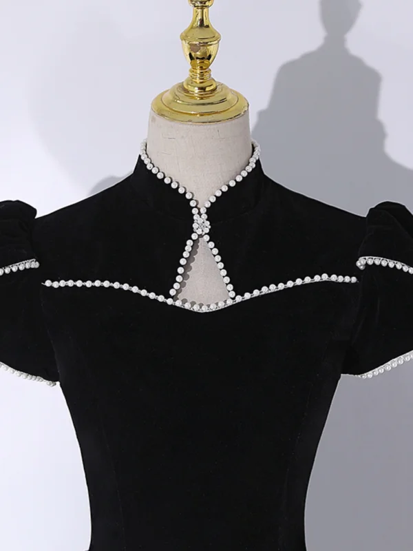 Chinese style Black Pearl Floor-Length / Long Formal Dresses 2024 A-Line / Princess High Neck Cap Sleeves Prom Prom Dresses