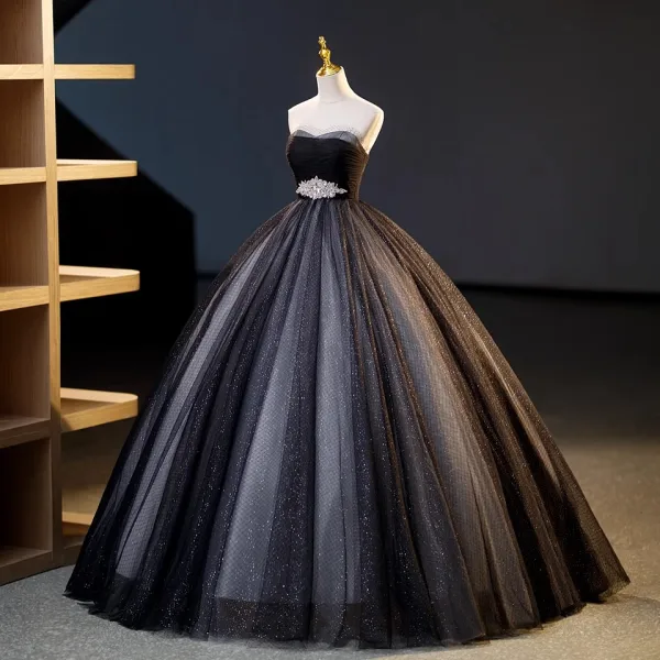 Charmant Sexy Schwarz Glanz Pailletten Strass Stoffgürtel Ballkleider 2023 Ballkleid Bandeau Ärmellos Rückenfreies Lange Ball Festliche Kleider