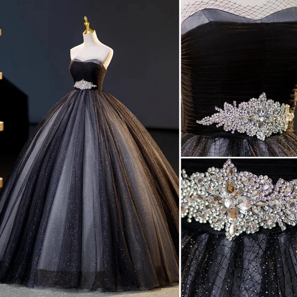 Charmant Sexy Schwarz Glanz Pailletten Strass Stoffgürtel Ballkleider 2023 Ballkleid Bandeau Ärmellos Rückenfreies Lange Ball Festliche Kleider