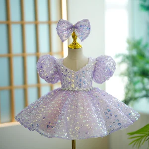 Bling Bling Lavande Paillettes Courte Anniversaire Robe Ceremonie Fille 2023 Robe Boule V Cou Gonflée Manches Courtes Dos Nu