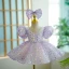 Bling Bling Lavender Sequins Short Birthday Flower Girl Dresses 2023 Ball Gown V-Neck Puffy Short Sleeve Backless