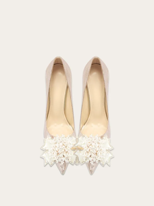Charming Champagne Sequins Pearl Rhinestone Bow Wedding Shoes 2026 Leather 10 cm Stiletto Heels Pointed Toe Wedding Pumps High Heels
