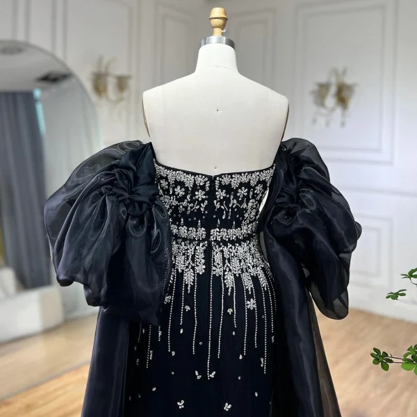 High-end Black Rhinestone Prom Dresses 2024 Empire Strapless Puffy Short Sleeve Backless Floor-Length / Long Prom Formal Dresses