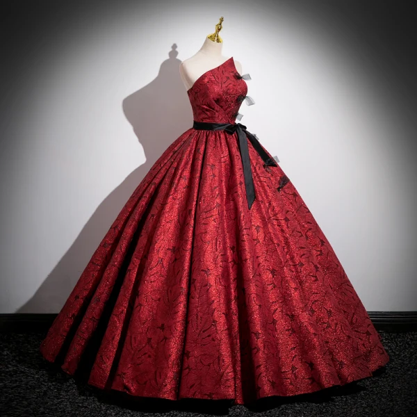 Vintage / Retro Glitter Burgundy Prom Dresses 2023 Ball Gown Strapless Sleeveless Backless Bow Sash Floor-Length / Long Prom Formal Dresses