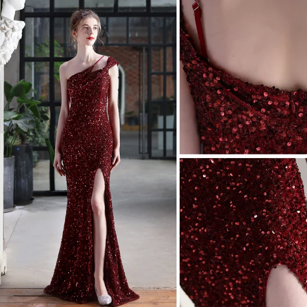 Scintillantes Noire Paillettes Robe De Soirée 2022 Trompette / Sirène Une épaule Sans Manches Dos Nu Longue Soirée Robe De Ceremonie
