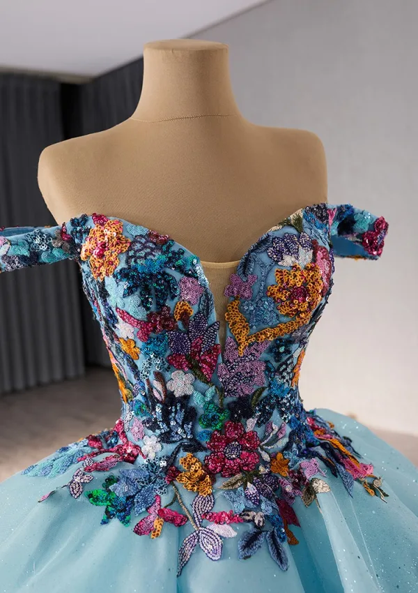 Fancy High-end Pool Blue Beading Cascading Ruffles Handmade  Sequins Lace Flower Prom Dresses 2024 Ball Gown Off-The-Shoulder Sleeveless Backless