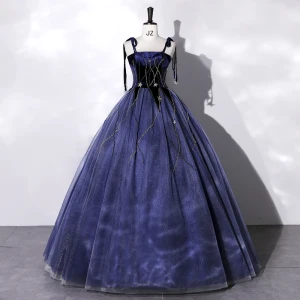 Élégant Bleu Marine Perlage Paillettes Étoile Robe De Bal 2022 Robe Boule Bretelles Spaghetti Sans Manches Dos Nu Longue Robe De Ceremonie