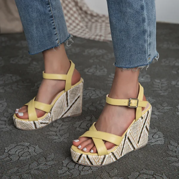 Fashion Yellow Street Wear Summer Womens Sandals 2022 11 cm Wedges Open / Peep Toe Sandals