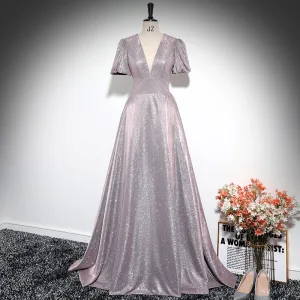 Scintillantes Rougissant Rose Glitter Robe De Bal 2024 Princesse V Cou Manches Courtes Dos Nu Longue Promo Robe De Ceremonie