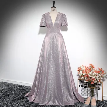 Sparkly Blushing Pink Glitter Prom Dresses 2024 A Line Princess V Neck Short Sleeve Backless Floor Length Long Prom Formal Dresses