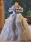 Chic / Beautiful Sky Blue Cascading Ruffles Rhinestone Sequins Birthday Flower Girl Dresses 2024 Ball Gown Scoop Neck Short Sleeve Backless Floor-Length / Long