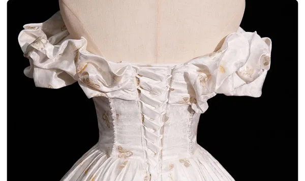 Elegante Ivory / Creme Perle Stickerei Ballkleider 2025 Ballkleid Off Shoulder Kurze Ärmel Rückenfreies Lange Ball Festliche Kleider