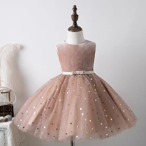 Fashion Blushing Pink Star Sequins Birthday Flower Girl Dresses 2022 Ball Gown Scoop Neck Sleeveless Bow Sash Short Flower Girl Dresses