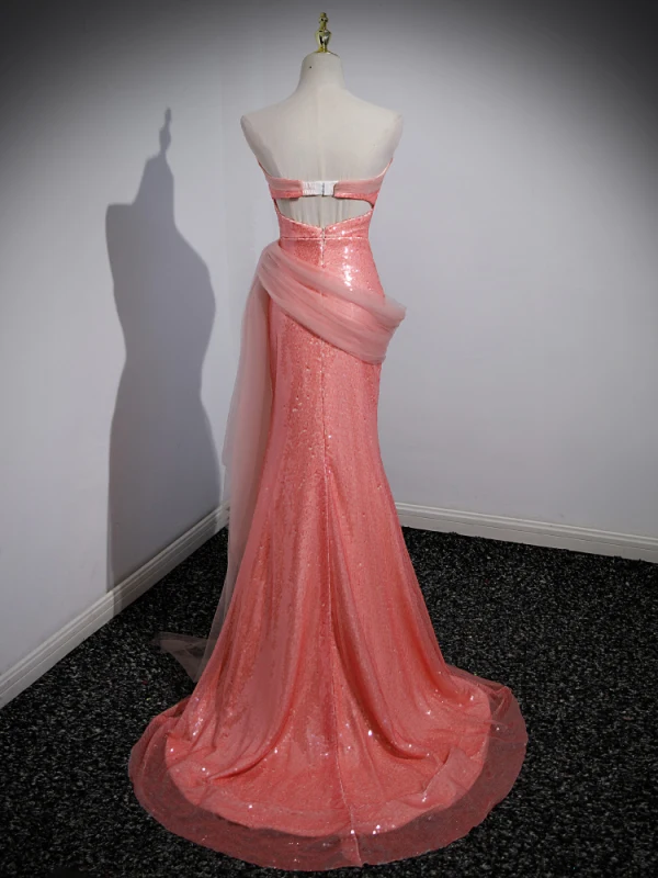Scintillantes Sexy Rose Bonbon Paillettes Robe De Soirée 2023 Trompette / Sirène Bustier Sans Manches Dos Nu Train De Balayage Soirée Robe De Ceremonie