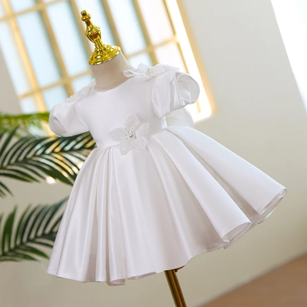 Audrey Hepburn Style Ivory Beading Appliques Birthday Flower Girl Dresses 2022 Ball Gown Satin Scoop Neck Puffy Short Sleeve Short Flower Girl Dresses