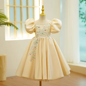 Chic Belle Champagne Faux Diamant En Dentelle Fleur Anniversaire Robe Ceremonie Fille 2024 Encolure Dégagée Gonflée Manches Courtes Courte