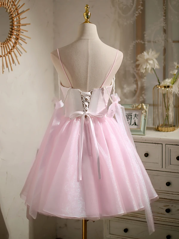 Sexy Pink Perle Geburtstag Partykleider 2022 A Linie Spaghettiträger Ärmellos Rückenfreies Schleife Kurze Cocktail Festliche Kleider