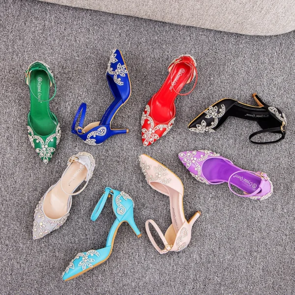Sexy Silber Strass Brautschuhe 2023 7 cm Stilettos Knöchelriemen Spitzschuh Hochzeit Sandaletten Hochhackige