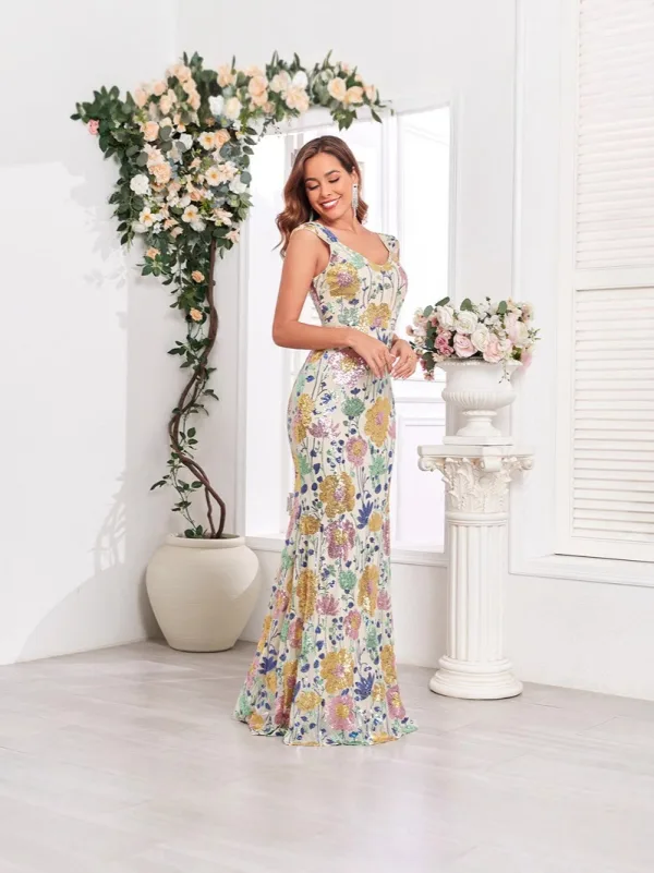 Sexy Multi-Colors Sequins Flower Evening Dresses 2025 Trumpet / Mermaid V-Neck Sleeveless Backless Floor-Length / Long Evening Party Formal Dresses
