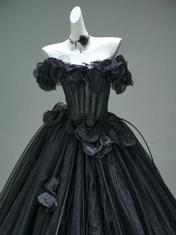 Haut de Gamme Vintage / Originale Noire Appliques Robe De Bal Robe Boule 2025 De l'épaule Manches Courtes Dos Nu Train De Balayage Robe De Ceremonie