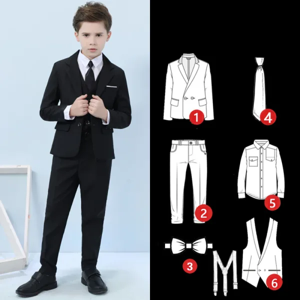 Navy Blue Long Sleeve Boys Wedding Suits 2022 Wedding Coat Pants Shirt Tie Vest