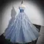Fashion Sky Blue Beading Sequins Prom Dresses 2023 A-Line / Princess Strapless Short Sleeve Backless Floor-Length / Long Prom Formal Dresses
