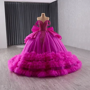 High End Fuchsia Beading Sequins Cascading Ruffles Prom Dresses 2025 Ball Gown Off The Shoulder Sleeveless Backless Bow Chapel Train Prom Formal Dresses