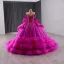 High-end Fuchsia Beading Sequins Cascading Ruffles Prom Dresses 2025 Ball Gown Off-The-Shoulder Sleeveless Backless Bow Chapel Train Prom Formal Dresses