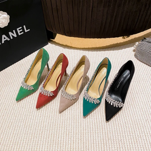 Mooie / Prachtige Zwarte Avond Rhinestone Suede Pumps 2023 Leer 8 cm Naaldhakken / Stiletto Spitse Neus Pumps Hoge Hakken