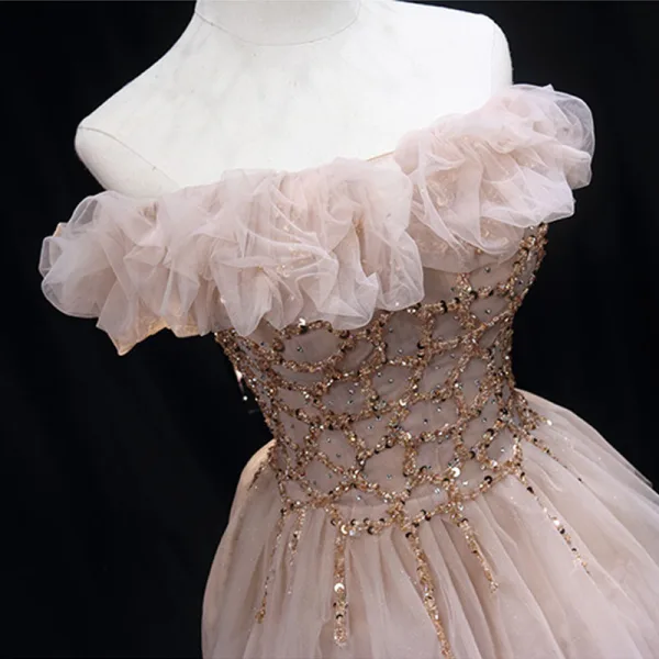 Charming Champagne Beading Sequins Evening Dresses 2022 A-Line / Princess Ruffle Off-The-Shoulder Sleeveless Backless Floor-Length / Long Formal Dresses