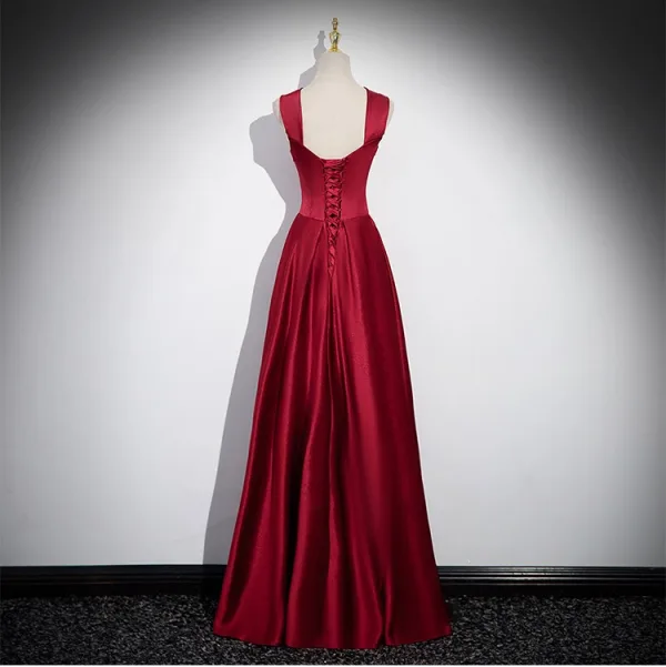 Chic / Beautiful Burgundy Prom Dresses 2024 A-Line / Princess Strapless Sleeveless Backless Floor-Length / Long Prom Formal Dresses