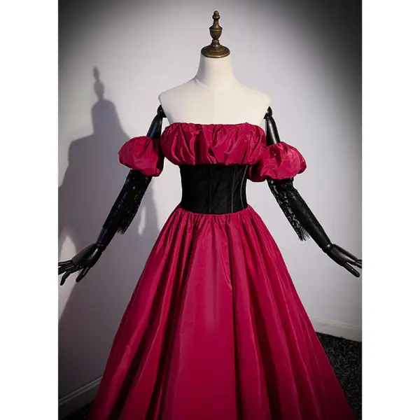Elegant Burgundy Prom Dresses 2022 Ball Gown Strapless Sleeveless Backless Floor-Length / Long Prom Formal Dresses