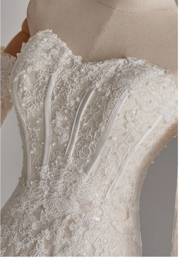 Vintage / Retro White Lace Flower Wedding Dresses 2025 Trumpet / Mermaid Off-The-Shoulder Long Sleeve Backless Sweep Train Wedding