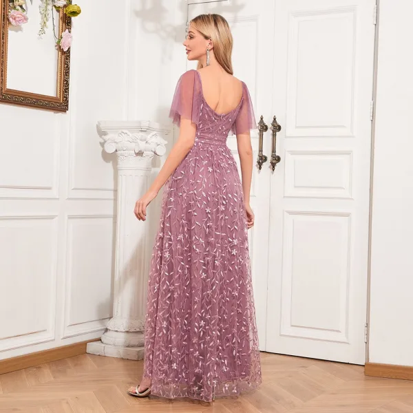 Elegant Blushing Pink Lace Flower Prom Dresses 2024 A-Line / Princess Square Neckline Short Sleeve Backless Floor-Length / Long Prom Formal Dresses