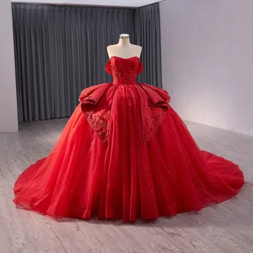 Haut De Gamme Rouge Paillettes En Dentelle Fleur Appliques Chapel Train Robe De Mariée 2024 Robe Boule Bustier Sans Manches Dos Nu Mariage