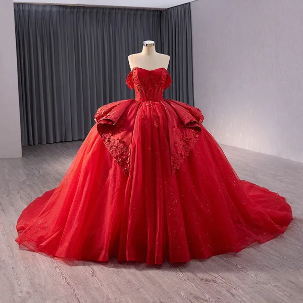 white christmas dresses Fancy Red Lace Ivory Satin V-neck Wedding Dress main image 0