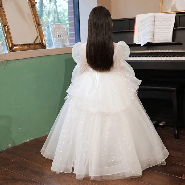 Charming White Birthday Flower Girl Dresses 2022 Ball Gown Cascading Ruffles V-Neck Beading Sequins 3/4 Sleeve Backless Floor-Length / Long Flower Girl Dresses