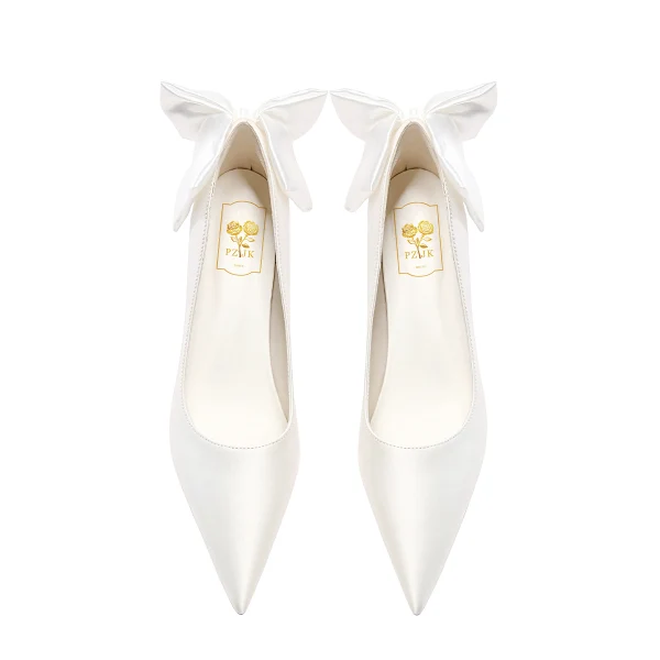 Elegante Weiß Leder Satin Schleife Brautschuhe 2023 7 cm Thick Heels Spitzschuh Hochzeit Pumps Hochhackige
