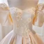 Elegant Champagne Appliques Pearl Prom Dresses 2023 Satin Ball Gown Off-The-Shoulder Short Sleeve Backless Floor-Length / Long Formal Dresses