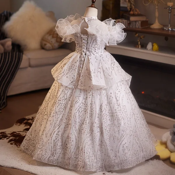 Bling Bling Champagne Beading Pearl Rhinestone Birthday Flower Girl Dresses 2025 Ball Gown Off-The-Shoulder Short Sleeve Backless Floor-Length / Long