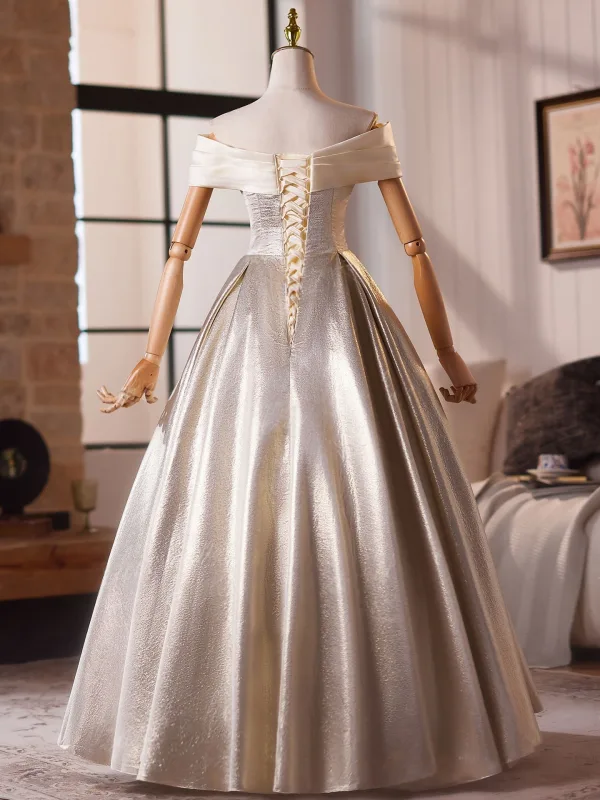 Elegant Champagne Appliques Prom Dresses 2025 Ball Gown Off-The-Shoulder Short Sleeve Backless Floor-Length / Long Formal Dresses