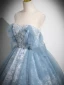 Chic / Beautiful Sky Blue Lace Flower Sequins Prom Dresses 2024 A-Line / Princess Strapless Sleeveless Backless Floor-Length / Long Prom Formal Dresses